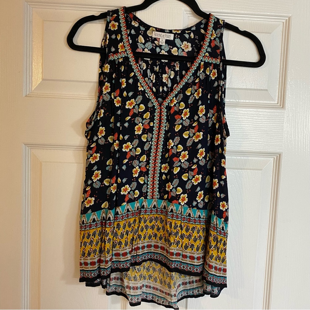 Patrons of Peace Floral Sleeveless Top - Black Burnt Orange Yellow and Teal